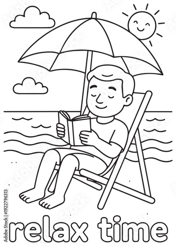 coloring book  father relaxing on a beach chair under umbrella while reading a book