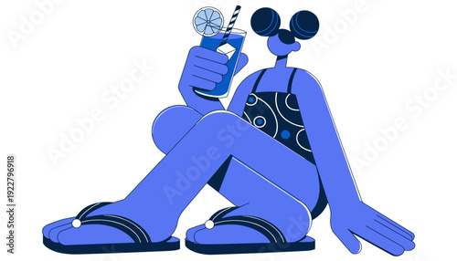 Playful character relaxing with a drink in a swimsuit  