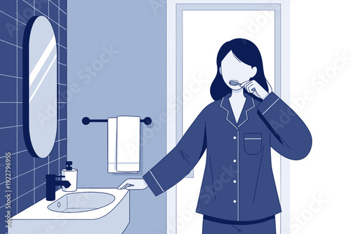 Young woman brushing teeth in bathroom wearing sleepwear at home  