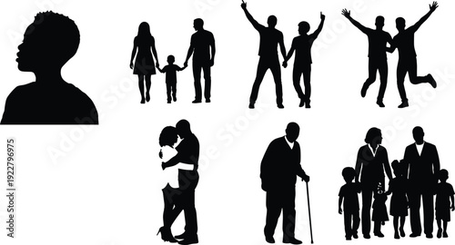 Silhouette family groups, couples embracing, children holding hands, elderly walking, dancing celebration, lifestyle diversity, unity, love, community bonds illustration design