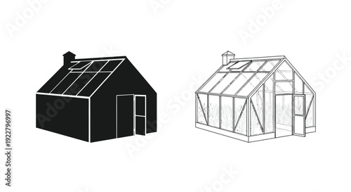 Two greenhouse designs a solid black structure and a transparent outline