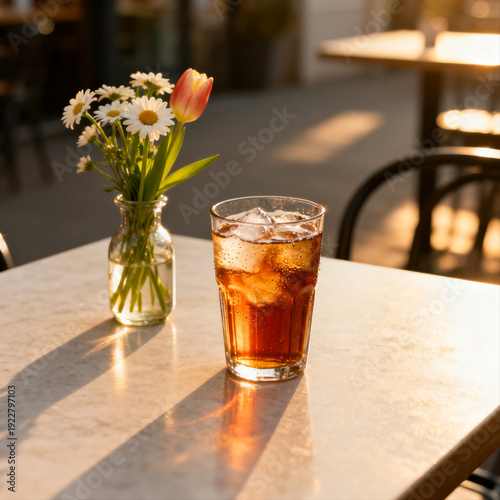 Iced tea drink on a outdoor café table with flowers in warm sunlight