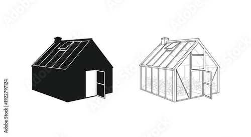 Illustration of a greenhouse and a solid house structure in black and white