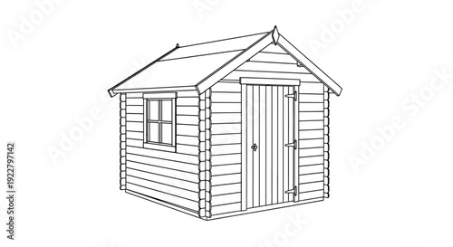 Line drawing of a small wooden shed with a gabled roof