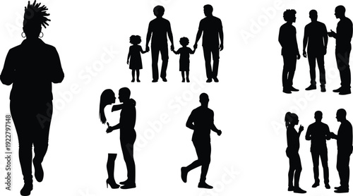 Silhouette family groups, couples embracing, people walking, children holding hands, running, social interaction, lifestyle diversity, unity, love, community bonds illustration design