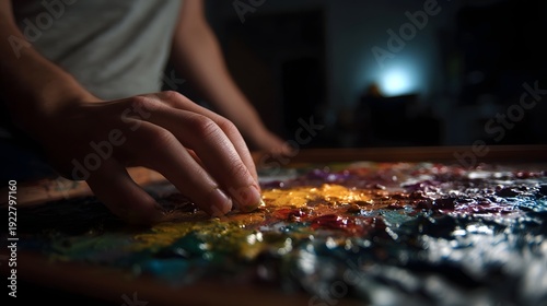 An  s hand delicately touches vibrant oil paints on a palette in low light