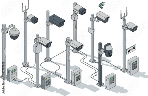 Surveillance system illustration showcasing various security cameras and equipment in a networked configuration from an aerial viewpoint