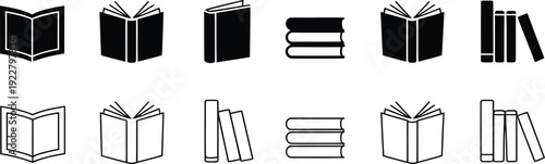 Collection of modern book icons in black and white