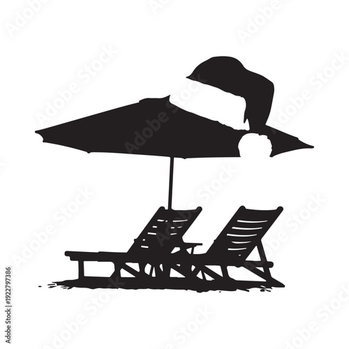 Beach scene with two lounge chairs umbrella and a bright sun in the background