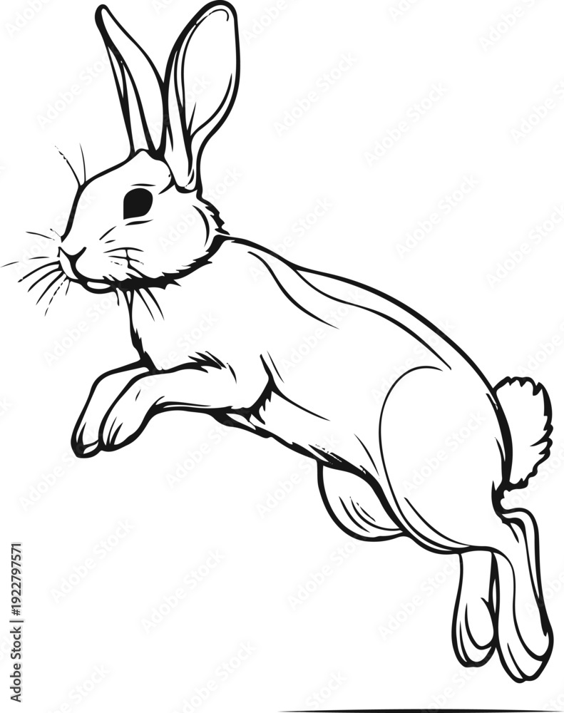 Fototapeta premium Pure black and white vector illustration of a rabbit mid-jump, minimal dynamic outline, flat line art 1