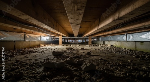 Low-angle view of a crawl space beneath a wooden structure, showing beams & ground debris