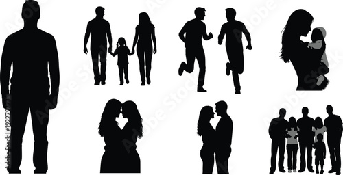 Silhouette family groups, parents children holding hands, couples kissing, running people, parent child bonding, lifestyle diversity, unity, love, community bonds illustration design