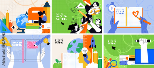 6 Back to School Illustrations Learning, Books, Globe, Rocket Ship and Academic Tools in Vibrant Periwinkle, Orange and Lime Green Flat Style