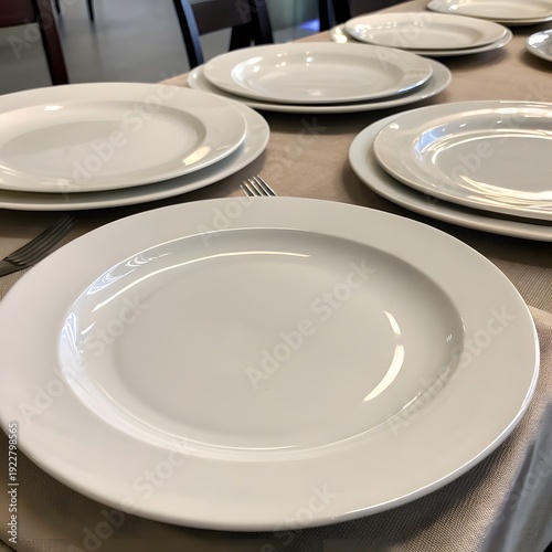 Clean utensil in café, White ceramic plate with soft shadows and no patterns, This image of a plain white plate with a subtle rim is perfect for websites or blogs that need a clean, versatile 

