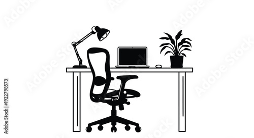 Minimalist black and white illustration of a desk setup with office items