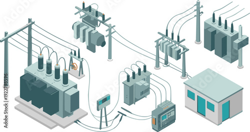 Isometric electrical power substation room with transformers, control panels and wiring system, industrial energy distribution vector illustration isolated background