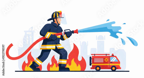 Firefighter in protective gear extinguishes a building fire with a water hose, safety and emergency services concept.
