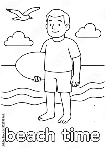 coloring book  father standing by the sea holding surfboard during beach time