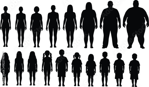 Diverse group of people silhouettes including men women and children of all ages and body sizes standing in rows for community diversity