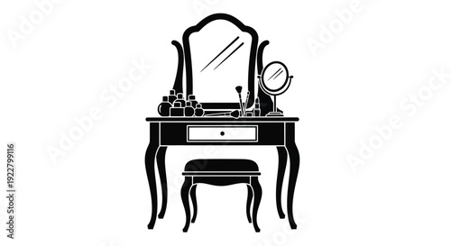Black and white silhouette of a vanity table with mirror and stool