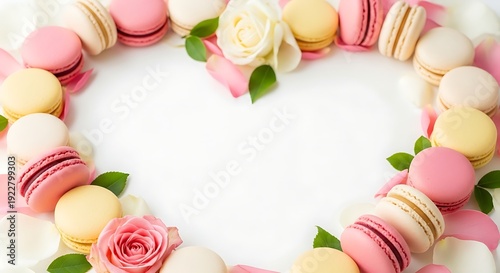 A heart-shaped arrangement of colorful macarons and fresh roses on a white surface