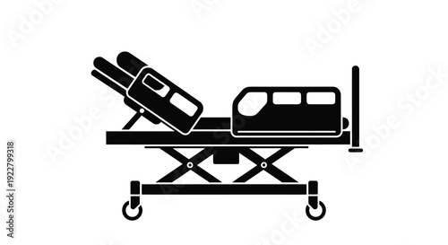 Simple black and white illustration of a hospital bed with wheels