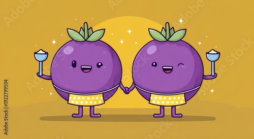 Two cartoon fruits hold hands, wear aprons, hold spoons, with stars in background