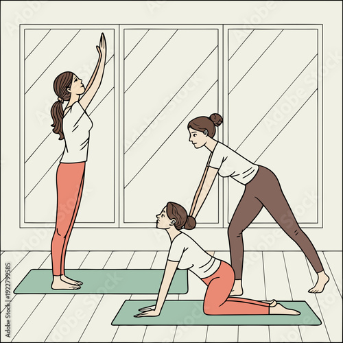 Instructor assists woman with cat cow yoga pose.