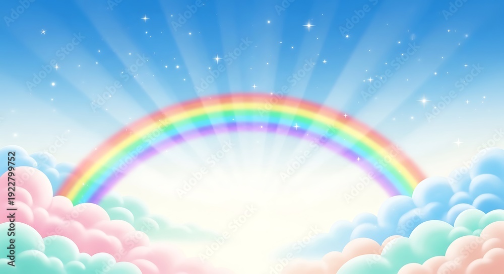Fototapeta premium Vibrant rainbow arching over soft fluffy clouds against bright blue sky with stars shining from behind a radiant beam of light