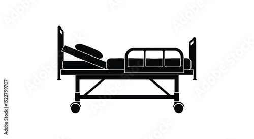 Simple black and white icon of a hospital bed on wheels