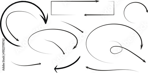 A black and white image of various swirling shapes and arrows