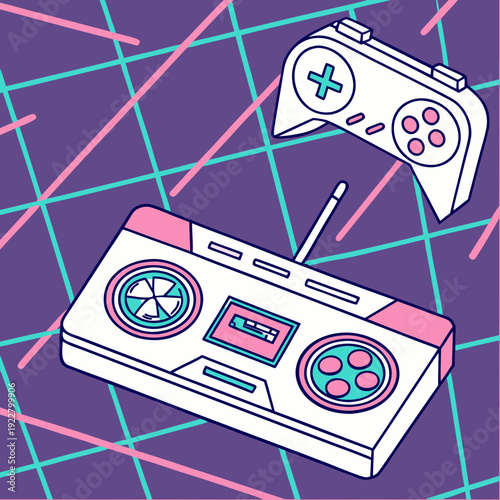 Retro gaming controller floats above a cassette.