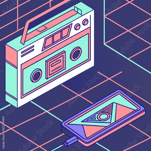 Retro boombox and smartphone display music.