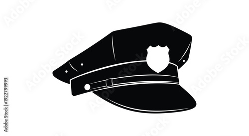 A black and white illustration of a classic police cap with a badge