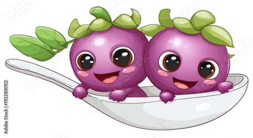 Two smiling cartoon purple berry creatures in a spoon, with green leaves, big eyes