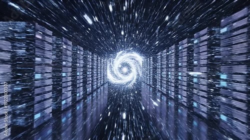 Immersive, abstract digital tunnel with glowing lights and water effects
