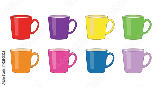 Set of eight ceramic mugs in various bright colors including red, blue, green, and pink arranged in two rows for kitchenware sets.
