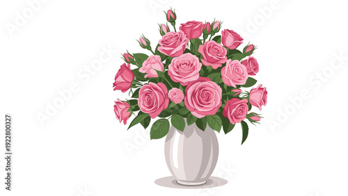 Large bouquet of many pink and red roses arranged in a white ceramic vase isolated on a white background for romantic occasions.