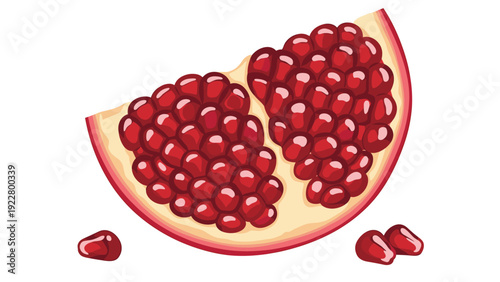 Juicy segment of a ripe pomegranate overflowing with deep red seeds alongside scattered individual seeds on a white background.