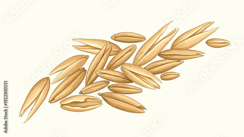 Close up view of scattered golden oat grains and husks on a light cream background for agricultural and healthy food themes.
