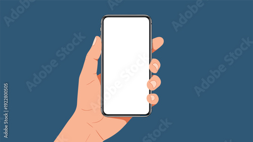 Human hand holding a modern smartphone with a blank white screen vertically against a dark blue solid background.