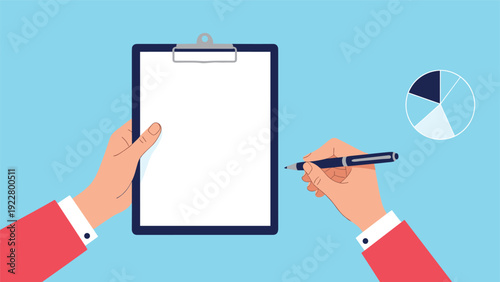 Business person holding a clipboard with a blank white paper and a pen preparing to write against a blue background with a pie chart.