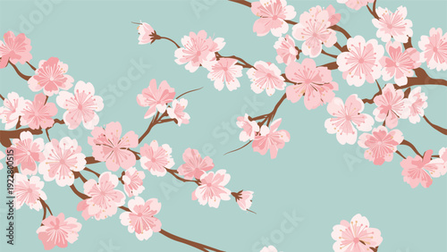 Beautiful pattern of pink cherry blossom flowers on brown branches scattered across a light turquoise blue background.