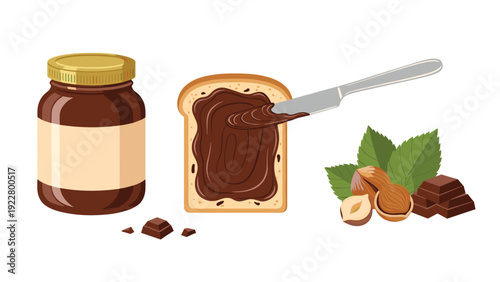 Jar of chocolate hazelnut spread next to a slice of bread being spread with a knife and fresh hazelnuts and chocolate pieces.