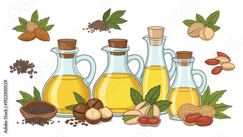 Set of glass jars filled with different types of nut and seed oils including almond, macadamia, pistachio, and peanut oils.