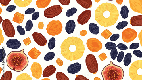 Seamless colorful pattern of various dried fruits including apricots, dates, raisins, figs, and pineapple rings on a white background.