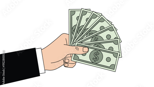 Close up of a person wearing a black suit holding a fan of several hundred dollar bills in their hand on a white background.