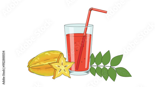 Refreshing starfruit juice in a tall glass with a straw is presented next to a whole carambola fruit and green leaves on white.