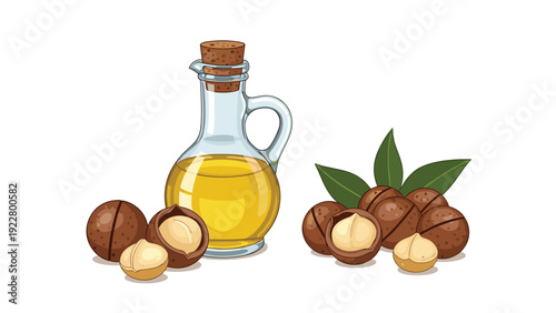 Natural macadamia oil in a glass bottle is displayed alongside whole and cracked macadamia nuts with green leaves on white.
