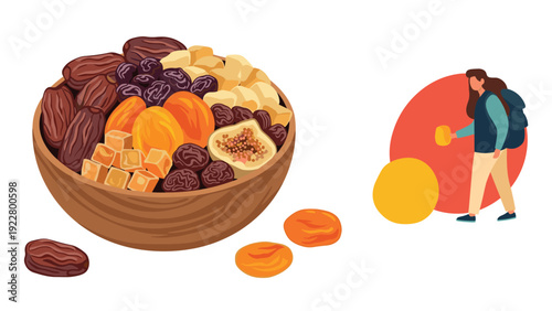 Healthy dried fruit mix in a wooden bowl including dates, apricots, and figs is shown alongside an active hiker icon.